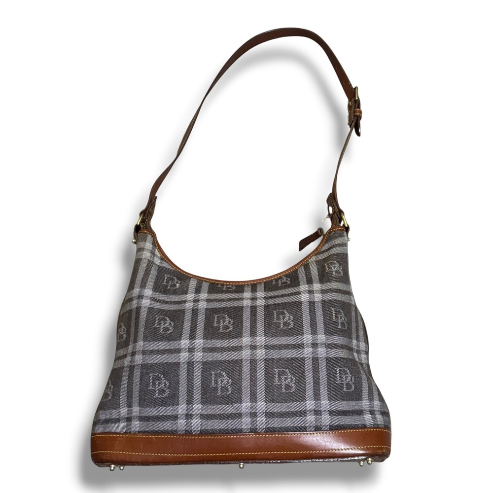 Dooney & Bourke Y2k Plaid Monogram Canvas Leather Trim Hobo Shoulder Bag 10x12